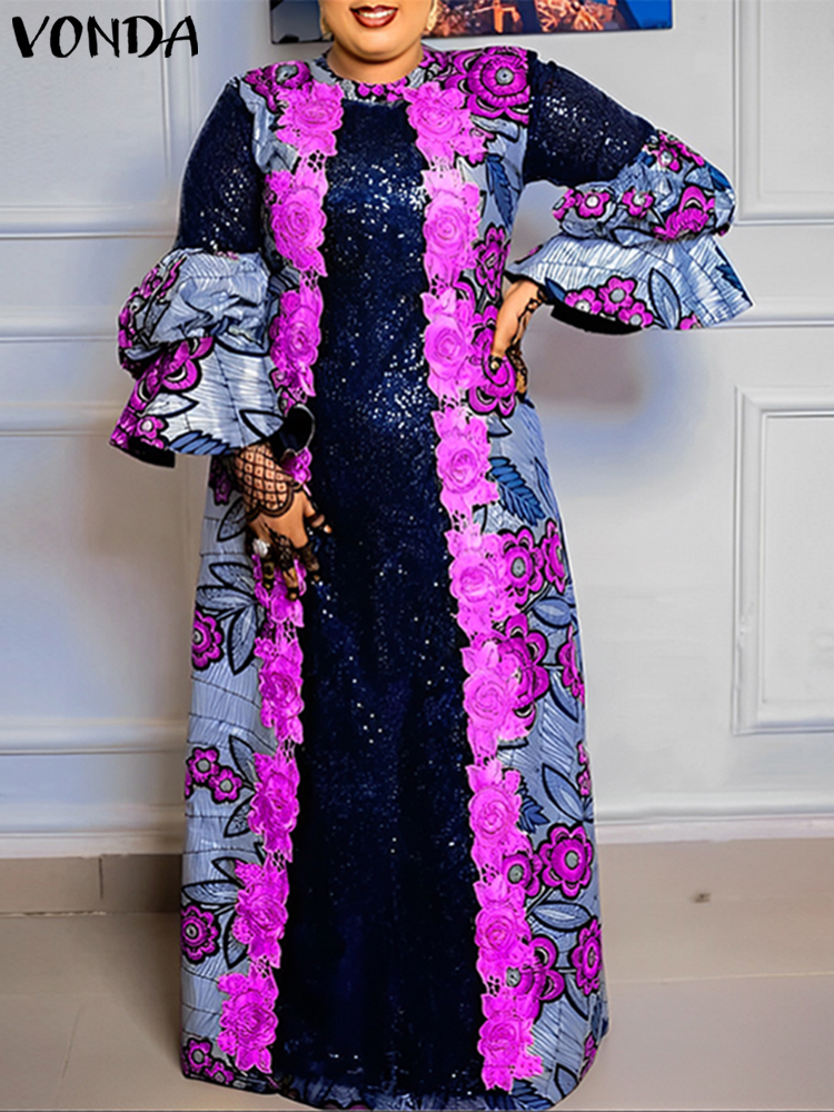 Vonda-ボヘミアンフレア長袖マキシドレス,カジュアルドレス,ルーズプリント,ラウンドネック,フリル,ラージサイズ