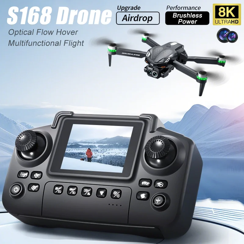 2025 s168 rc drone tela de 2.4 polegadas motor sem escova 8k hd câmeras duplas posicionamento de fluxo óptico brinquedo de aeronave para evitar inteligente
