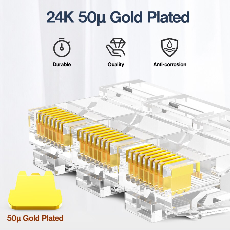 AMPCOM CAT5e RJ45 Conector 8P8C Modular Ethernet Cable RJ 45 Ends Lan Cable 50u Chapado en Oro Conectores UTP Enchufe de Red