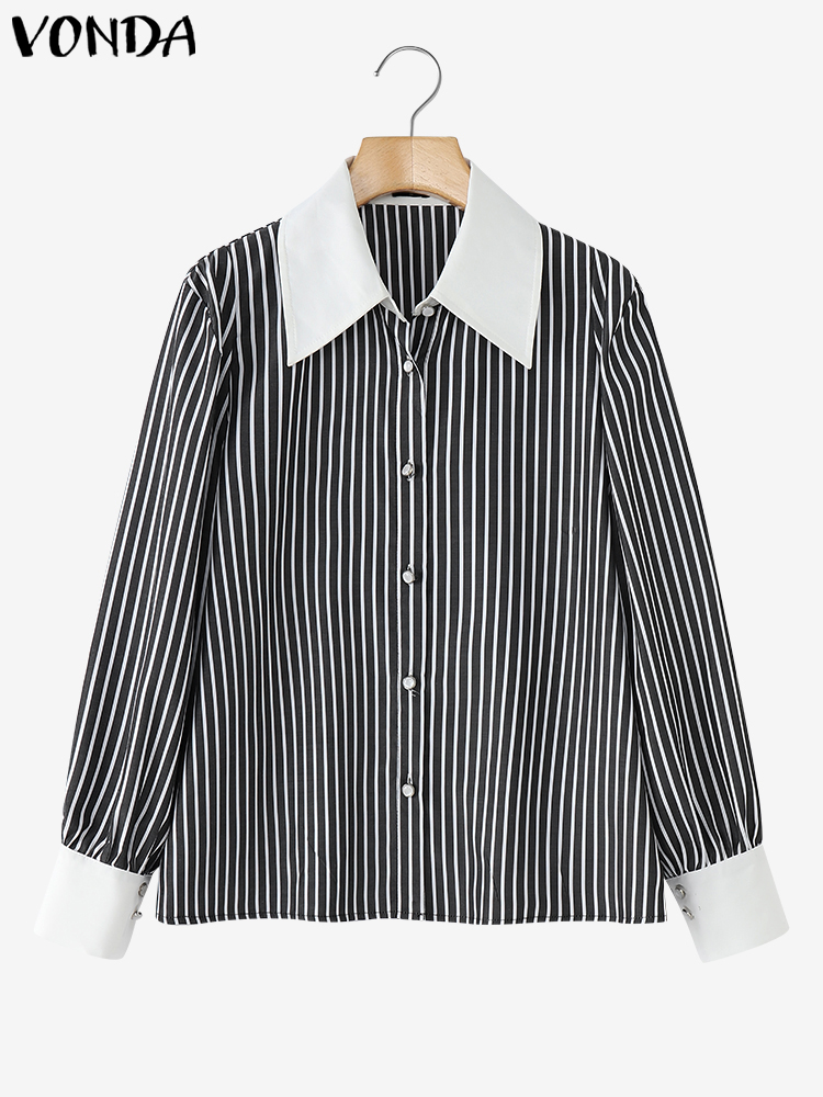 Plus Größe 5XL VONDA Frauen Streifen Patchwork Shirts Casual Langarm Tops 2024 Übergroßen Open Up Einfache Tunika Elegante Bluse