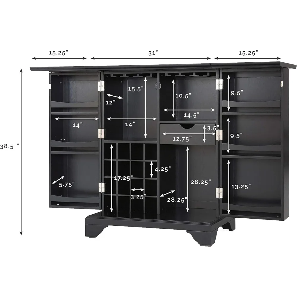 Lafayette Expandable Bar Cabinet with Storage Shelves, Drawer, and Wine Rack, Black