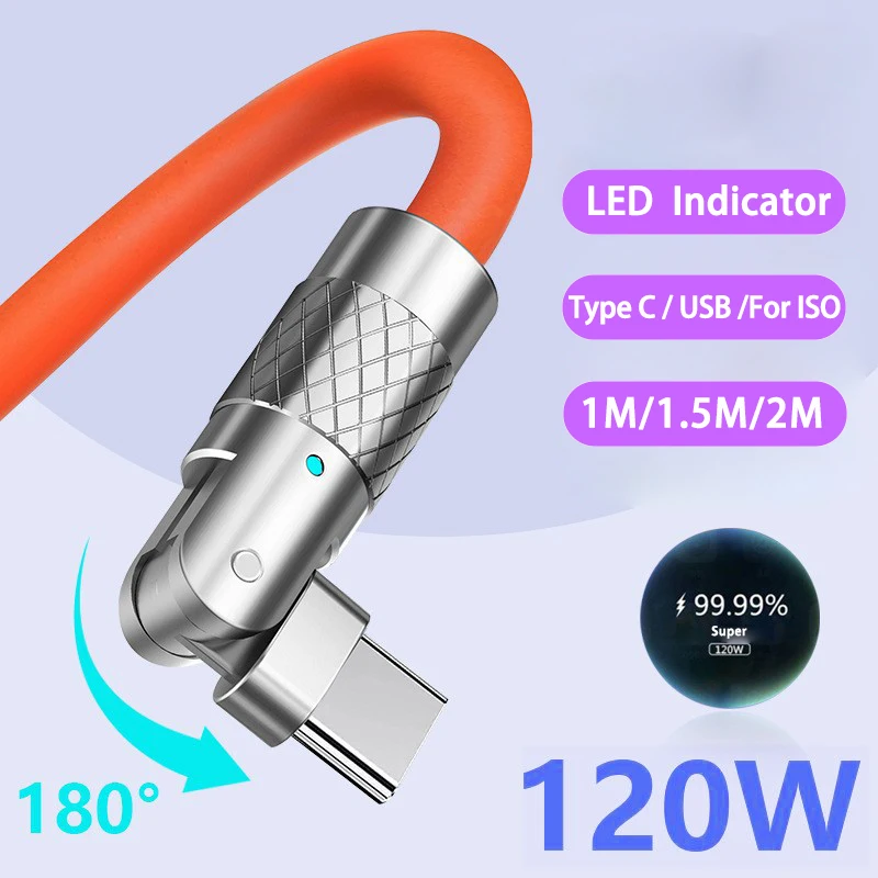 Cavo USB tipo C a ricarica rapida da 120 W 7A Cavo a gomito con rotazione di 180 gradi per gioco per Xiaomi Redmi Honor Caricatore per telefono Cavo USB C