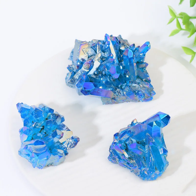 Quartz Natural Stones,Sky Blue Quartz Electroplating Titanium Crystal Cluster Stone Specimens Cured Coating Healing Crystals