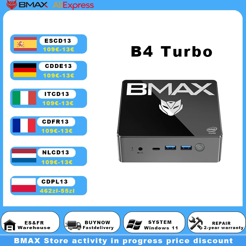 BMAX B4 Turbo Mini PC Windows 11 PC Intel N150 16GB 1TB SSD 2*HDMI 1*Type-C Ondersteunt 4K @ 60Hz 1000MHz Intel Graphics