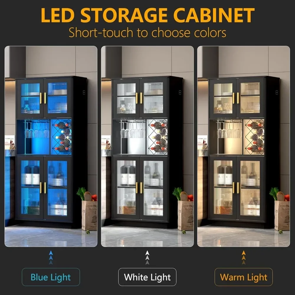 LED Wine Bar Cabinets with Removable Wine Rack, Bar Cabinets for Liquor with Light Motion Sensor, Kitchen Cabinet Storage