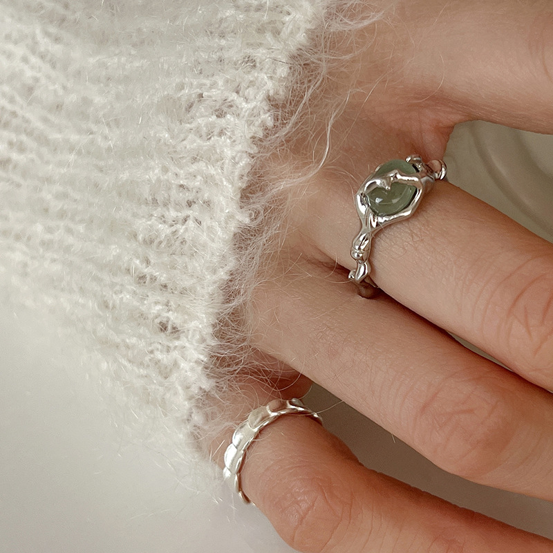 925 prata esterlina banhado a lava líquida hetian jade anel de bambu para mulheres presente da menina irregular jóias vintage dropshipping
