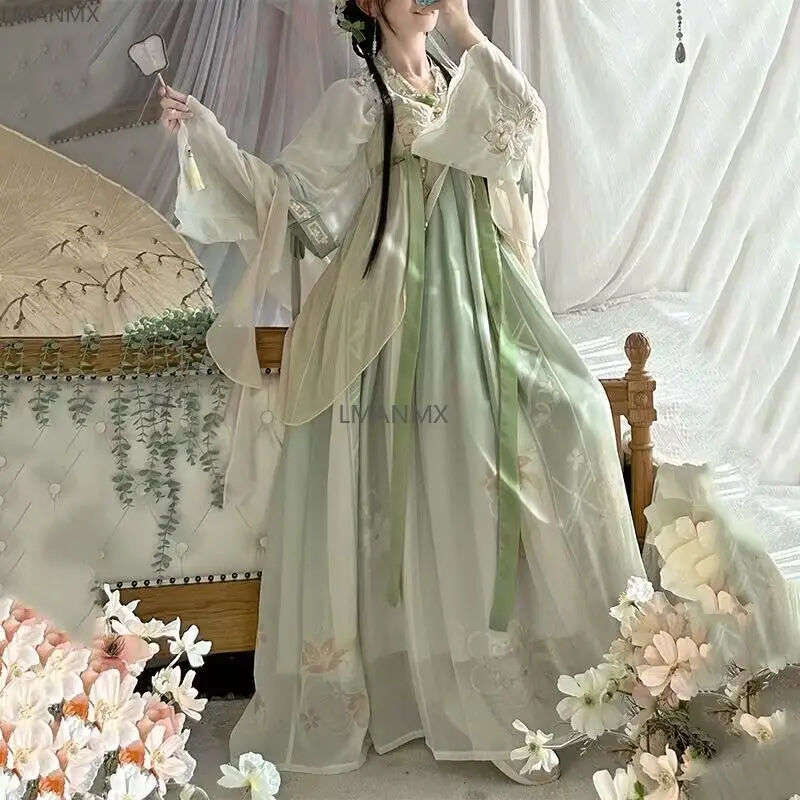 Hanfu ชุดนางฟ้าจีนโบราณชุดคอสเพลย์ผู้หญิงโบราณชุด Hanfu ชุดนักเรียนสีเขียวและสีฟ้าขนาดใหญ่พิเศษ