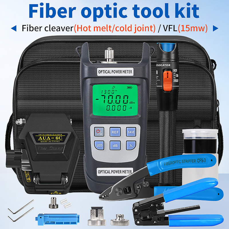 19 teile/satz FTTH Fiber Optic Tool Kit mit Fiber Cleaver -70 ~ + 10 dBm Optische Power Meter Visual Fault Locator 15 mw