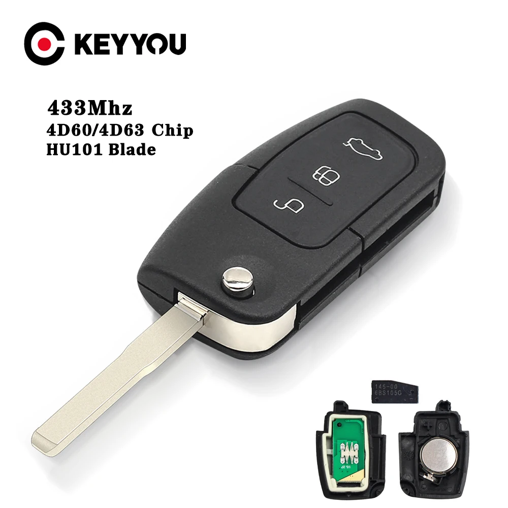KEYYOU ASK 433MHz Pilot zdalnego sterowania z chipem 4D63/4D60 do Ford Focus 3 Mondeo C Max S Max Galaxy Fiesta, obudowa z ostrzem HU101 / FO21, 3 przyciski