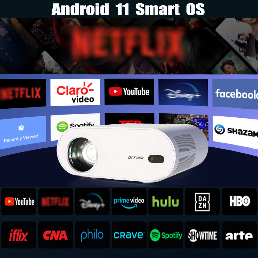 DITONG Proyector 4K Android con WiFi dual 6 y Bluetooth Auto Keystone Enfoque automático Cine en casa HD Nativo 1080P Película al aire libre