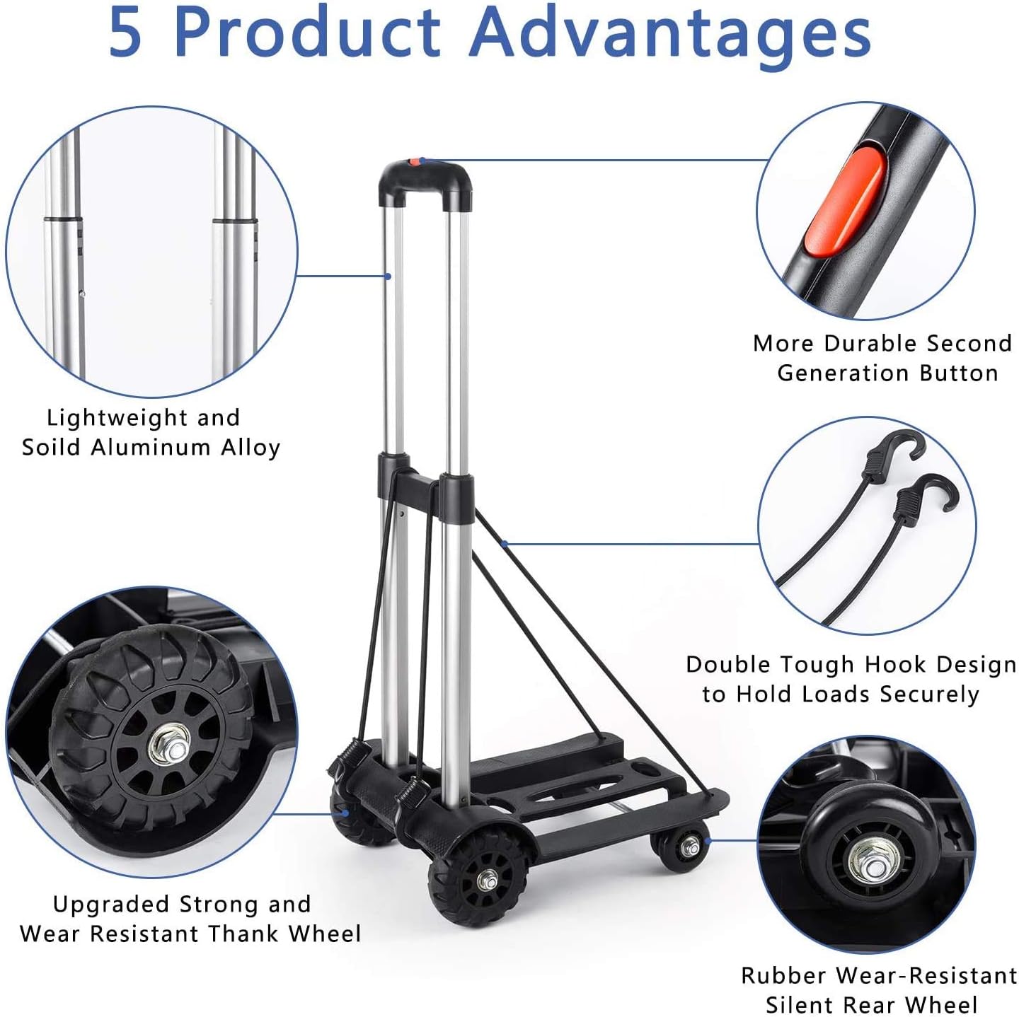 Folding Hand Truck, 4-Wheel Solid Construction Utility Cart with Aluminum Telescopic Rod, Foldable Roller Shopping