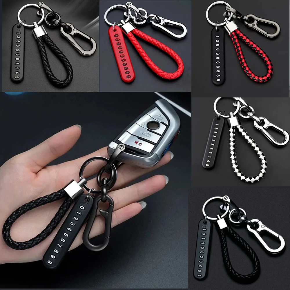 Simples tecido corda chaveiro de couro na moda diy placa de número do telefone móvel pingente chaveiro anti-perdido carro moto chaveiro anel presente