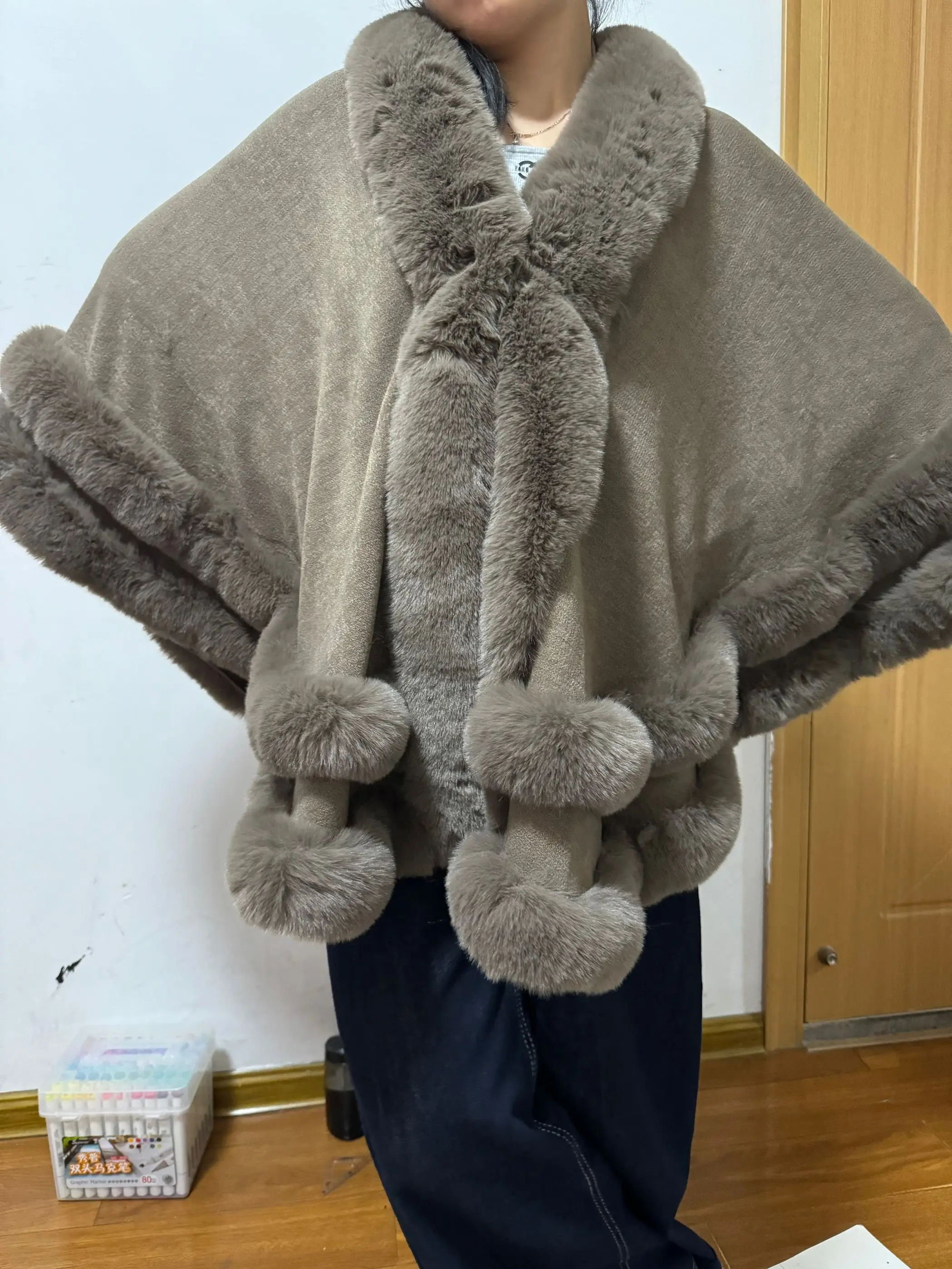 2024 feminino 2 círculo envolve longo falso pele de coelho capa poncho inverno solto grosso quente xale outerwear capa de malha