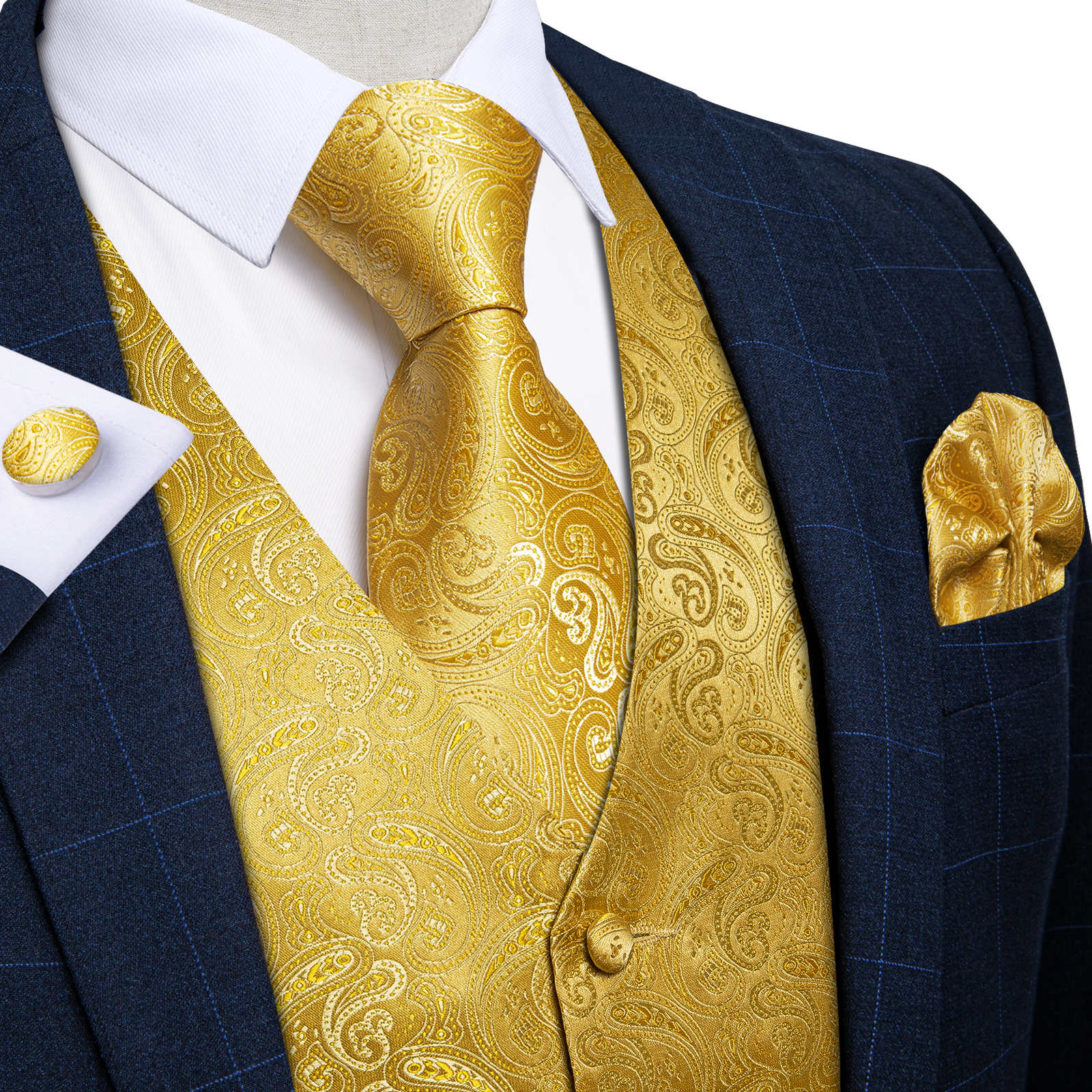 Hombre Chaleco y Corbata de Jacquard Floral de Paisley y Traje de Chaleco Cuadrado de Bolsillo color dorado azul y negro Vestido Formal de boda para hombre traje de esmoquin traje de corbata de lazo conjunto Regalos