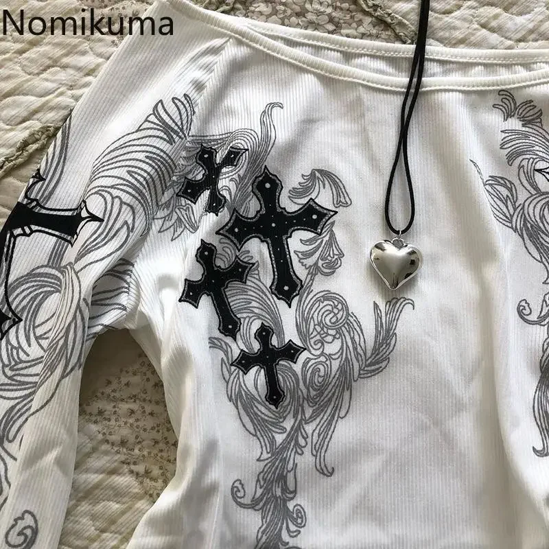 フレアスリーブプリント女性 Tシャツスラッシュネック白 Tシャツ気質 Camisetas 2024 Ropa Mujer ヴィンテージセクシーな Y2k Tシャツトップス
