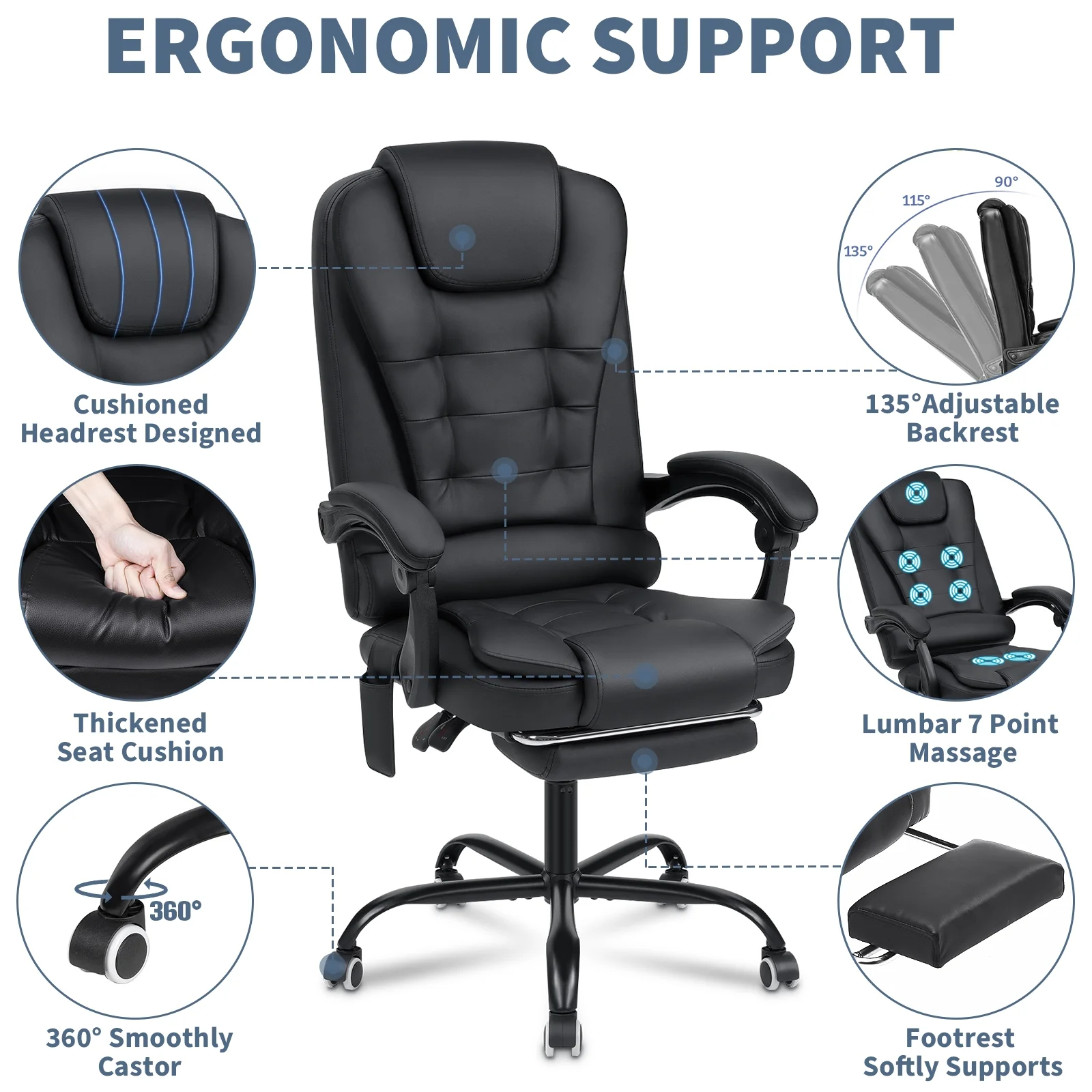 Executive Office Chair Massage High Back Leather Office Chair with Footrest Reclining Computer Desk Chair Lumbar Back Support