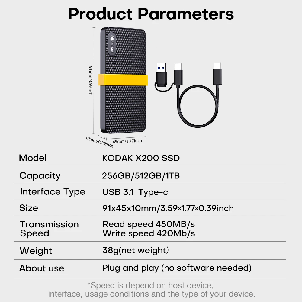 KODAK X200 External SSD 1TB Hard Drive HD Externo  USB3.1 Mini Portable SSD 256B 512GB for Laptops Smartphone PS4 PC MAC TV