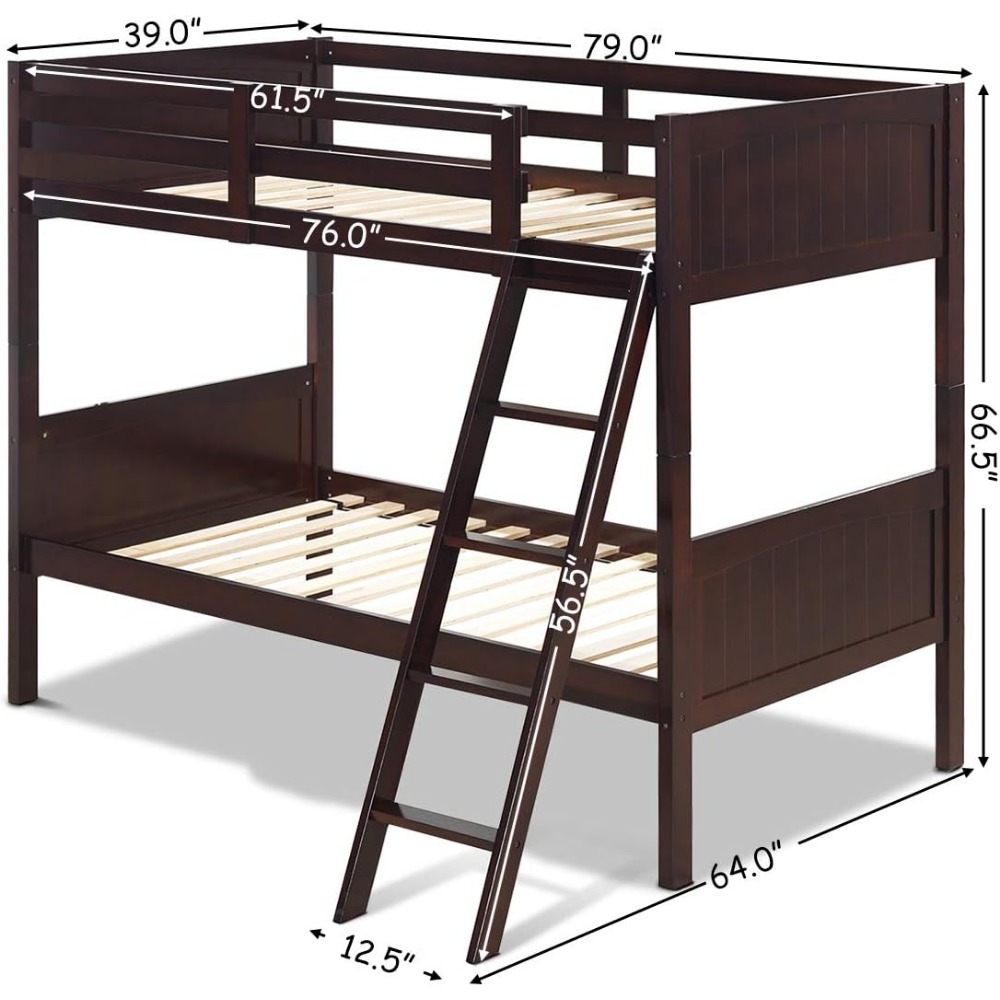 Bunk Beds Convertible 2 Individual Twin Beds, Solid Rubberwood Bunk Bed with Ladder and Safety Rail, Children Bed