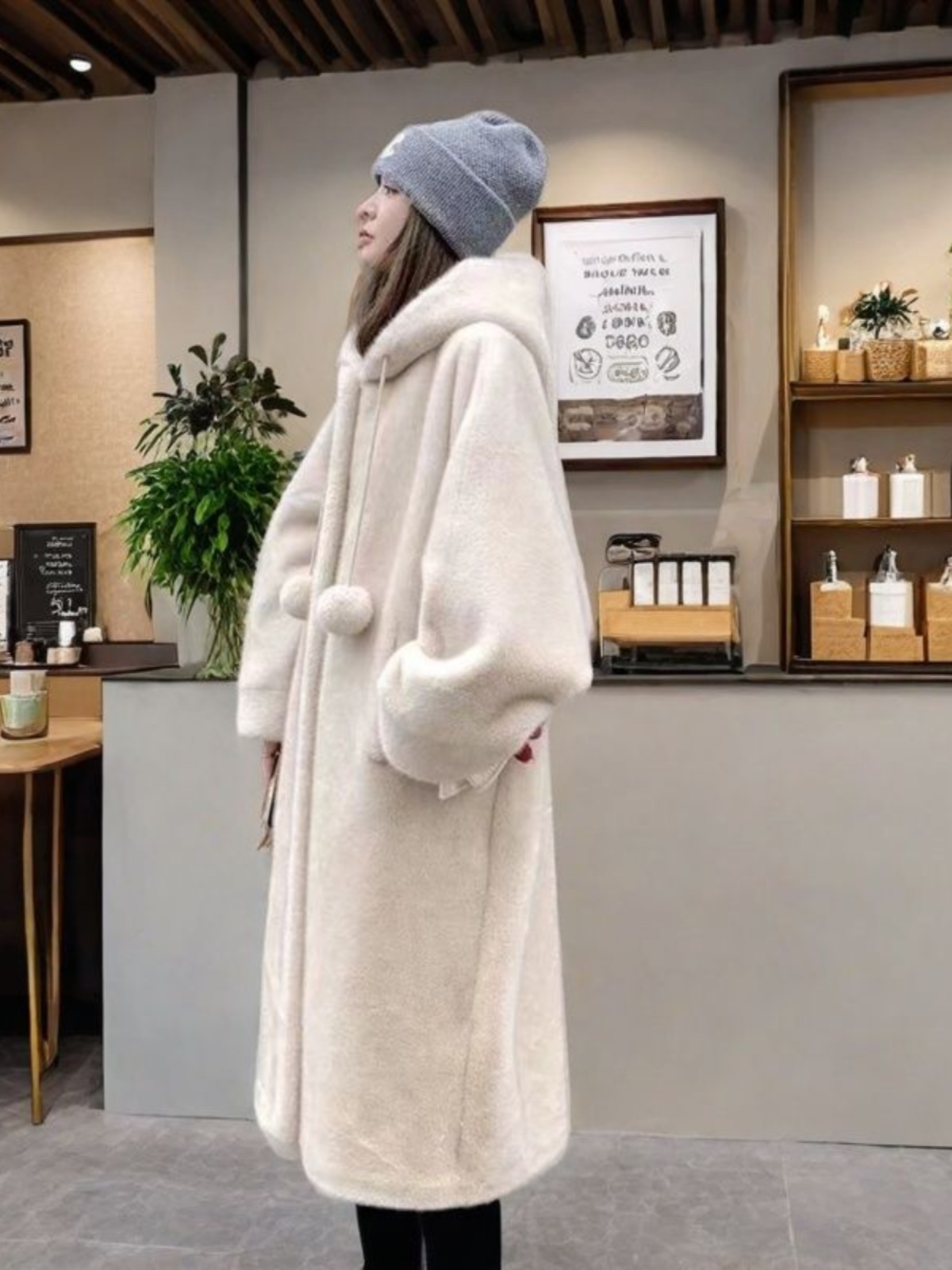 Eco-Friendly Faux Leather Long Thickened Hooded Witch Sle Women's Coat Integrated Fur Jacket Street Sle Mid-Length