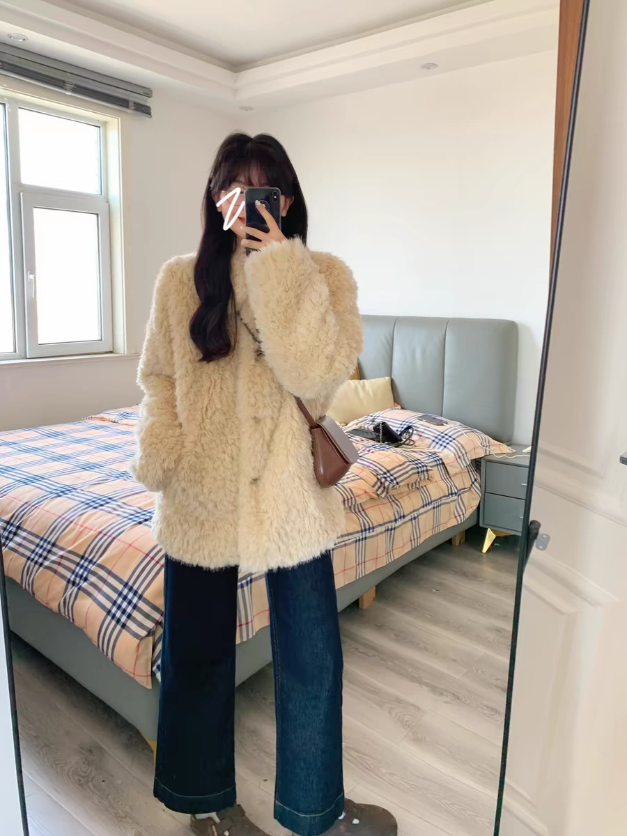 Trendy Winter Women's Long Thickened Sheepskin Coat Korean Sle Loose Fur Outerwear Mid-Length Integrated Leather Coat