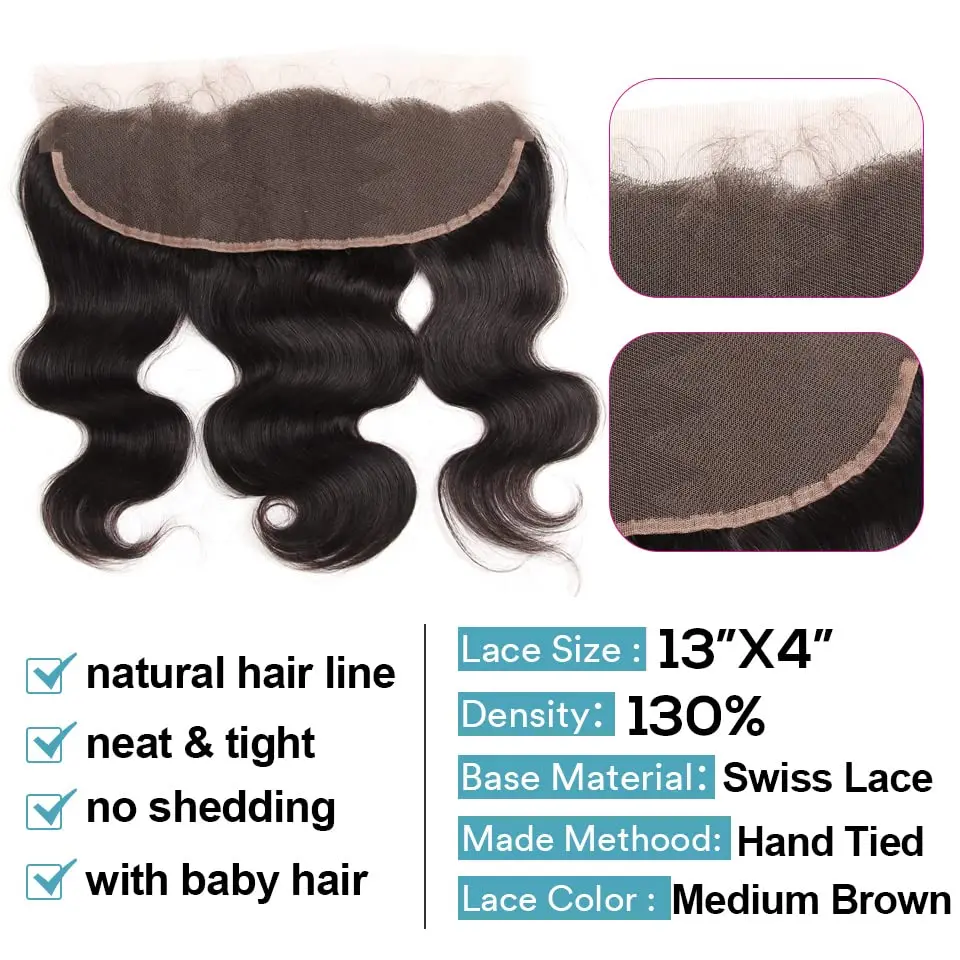 Cabelo Humano Brasileiro Da Onda Do Corpo com Frontal, Extensões De Cabelo Real, Laço Transparente 13x4, 100% Natural, 3 Pacotes