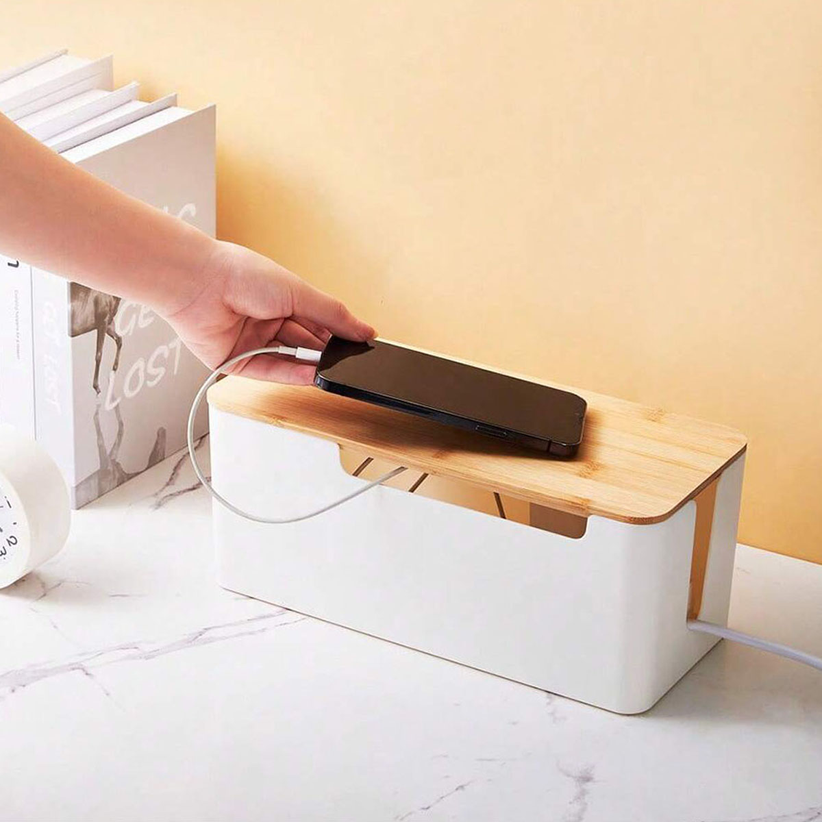 Caja de gestión de cables con tapa de bambú para cable de extensión, Protector contra sobretensiones, corrector de cables, organizador, cubierta ocultadora