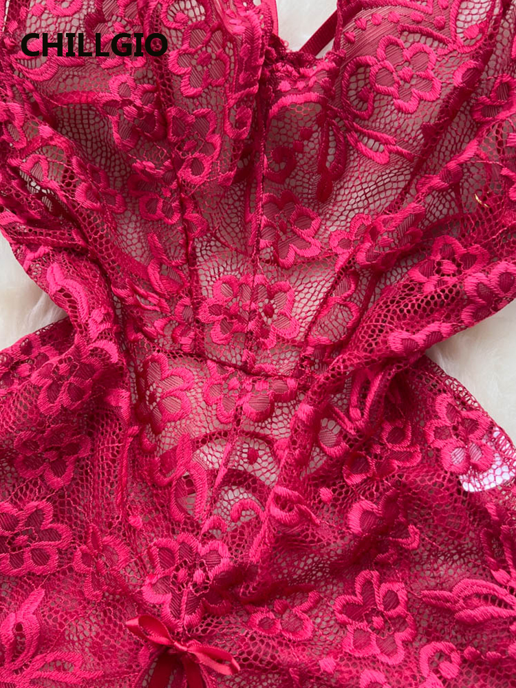 CHILLGIO Sexy Floral Lace Strappy Rompers Mulheres Transparente Erótico Apertado Combinação Catsuits Clube One Piece Backless Bodysuits