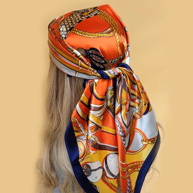 Nuevo bufandas cuadradas de moda de 90x90cm, chales, Hijab de satén de seda, pañuelo estampado a la moda para mujer, pañuelo para la cabeza, bufandas para el cuello para mujer