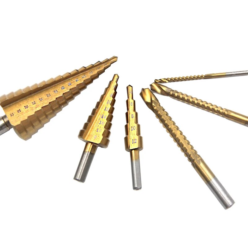4-12/4-20/4-32mm alça triangular broca de escada de sulco reto 3/6/8 serra broca 6pc conjunto de montagem de trabalhador de perfuração de buraco