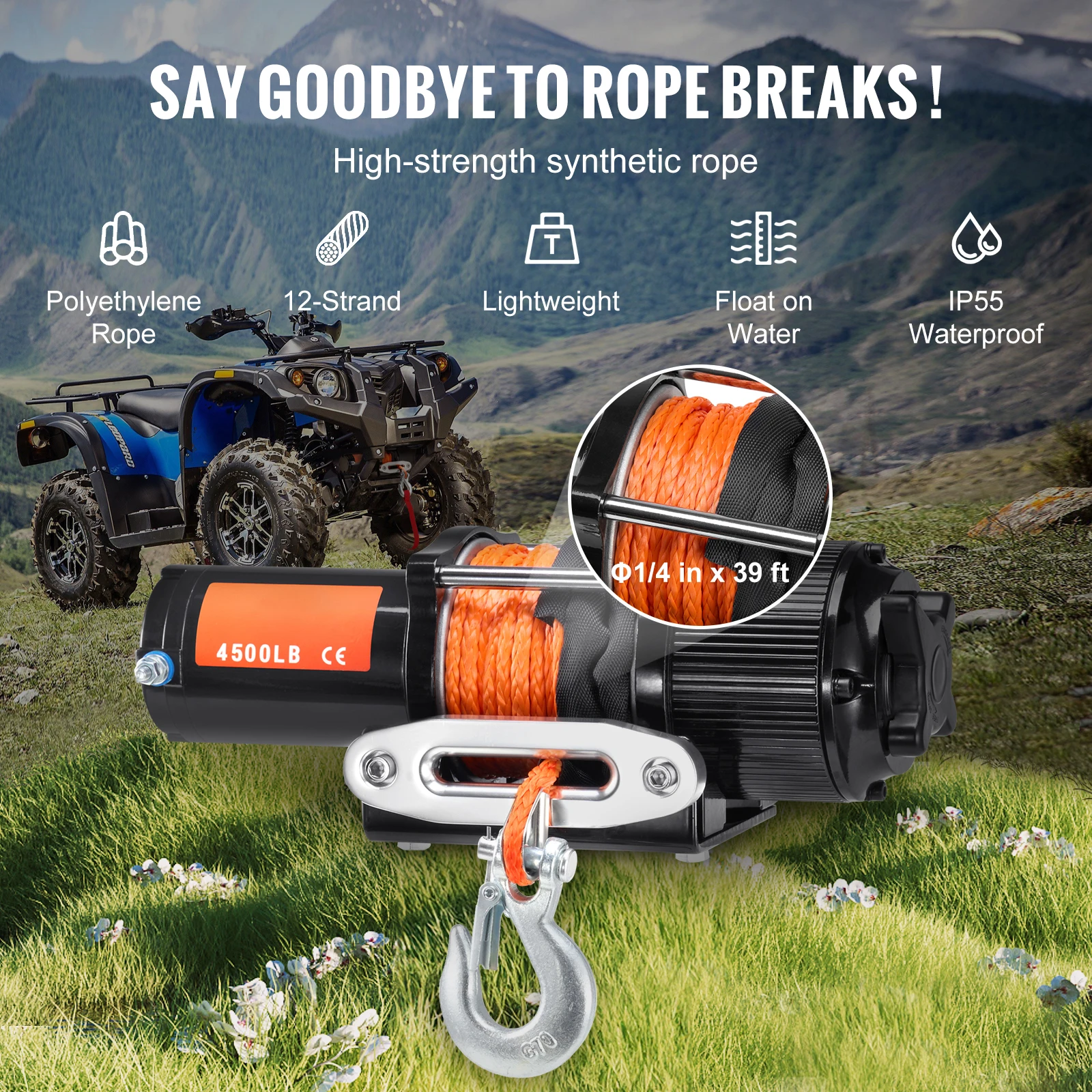 SucceBuy 4500lbs ATV/UTV Guincho elétrico 12V com corda sintética de 39 pés Controle remoto sem fio e com fio IP55 à prova d'água para Jeeps