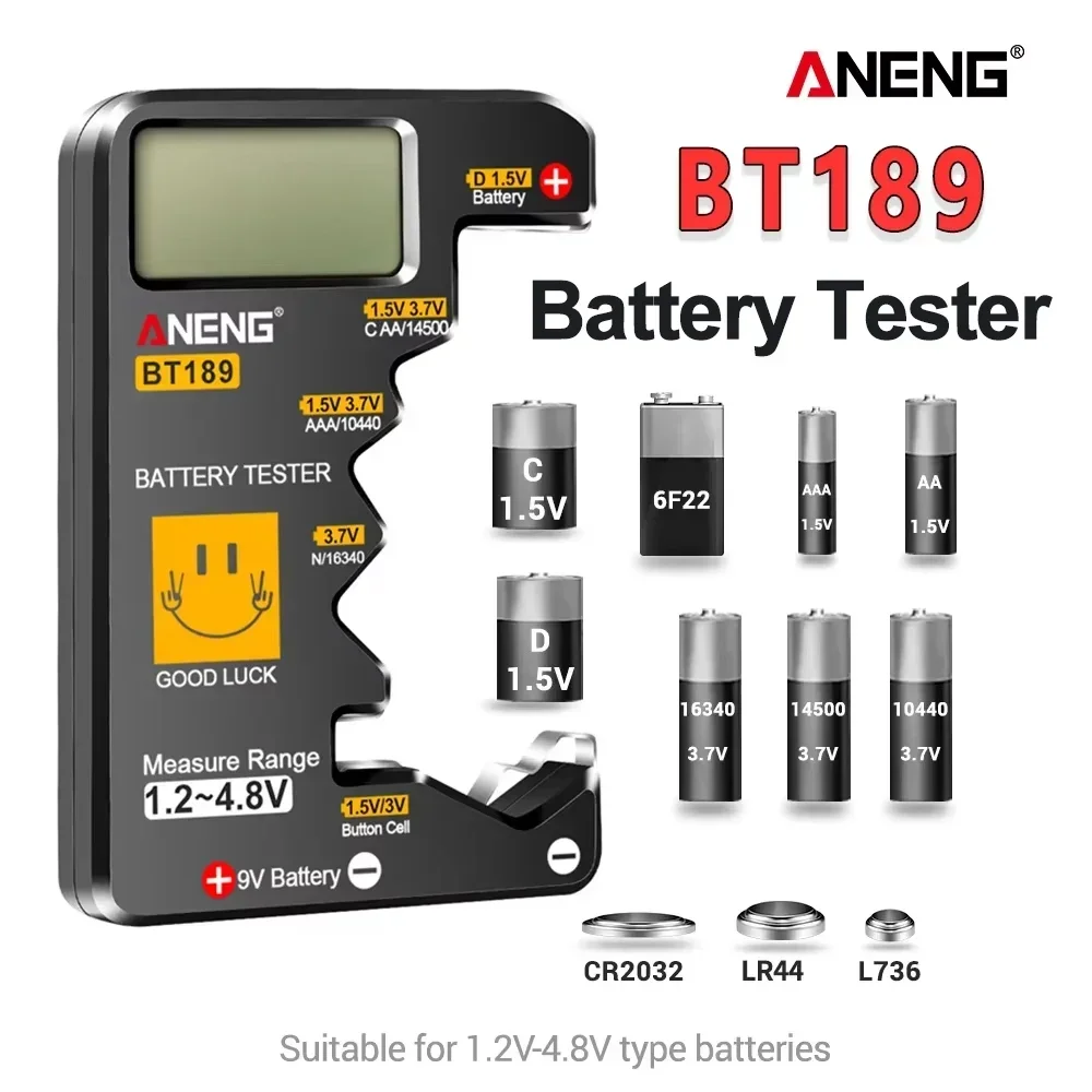 Probador de batería Digital ANENG BT189 voltios para 9V AA AAA C D pila de botón varios tamaños probador de batería Universal para el hogar