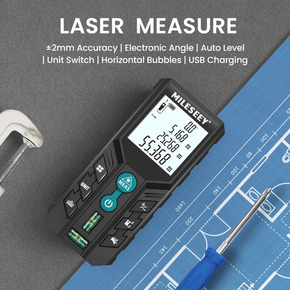 Mileseey D2 Laser Distance Meter,40m/120m Rangefinder,Rechargeable Angle Optional, Ft/M Unit, With Leveling Bubble Measure Tools