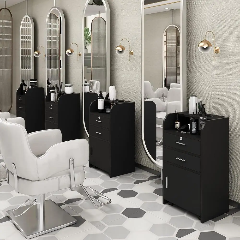 Styling Station, Barber Salon Cabinet with Appliance Holder Lockable Drawer