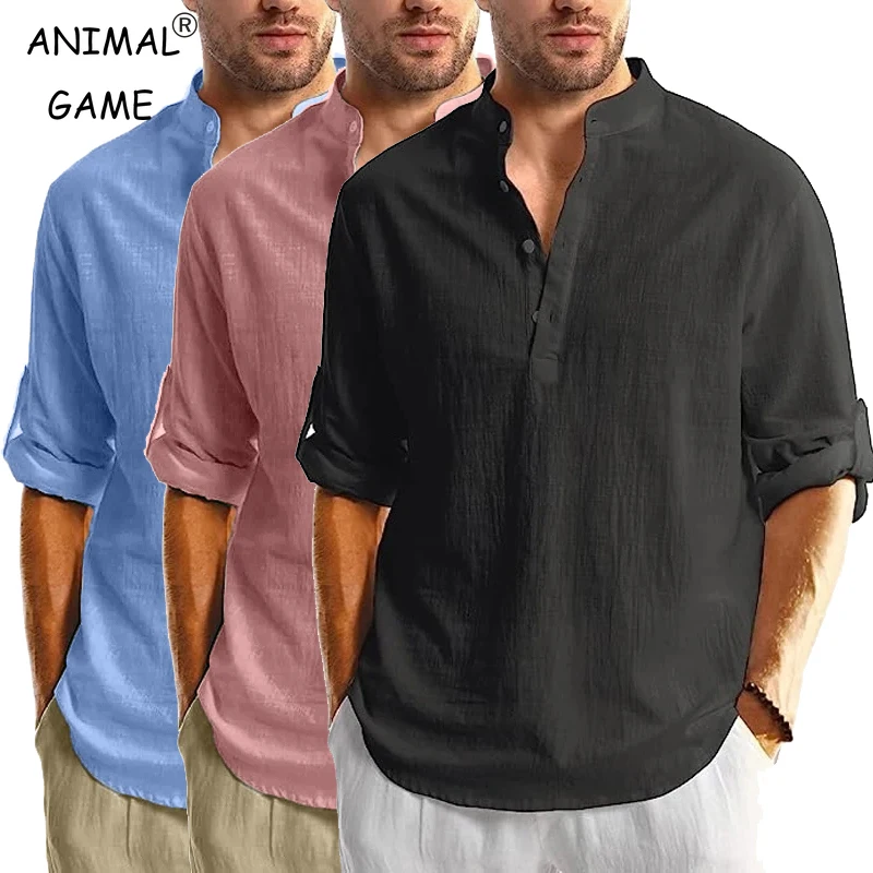 Nueva camisa Henley de manga larga, camisetas ligeras de algodón para hombres, ropa de calle transpirable, Polos con botones de negocios de Color sólido