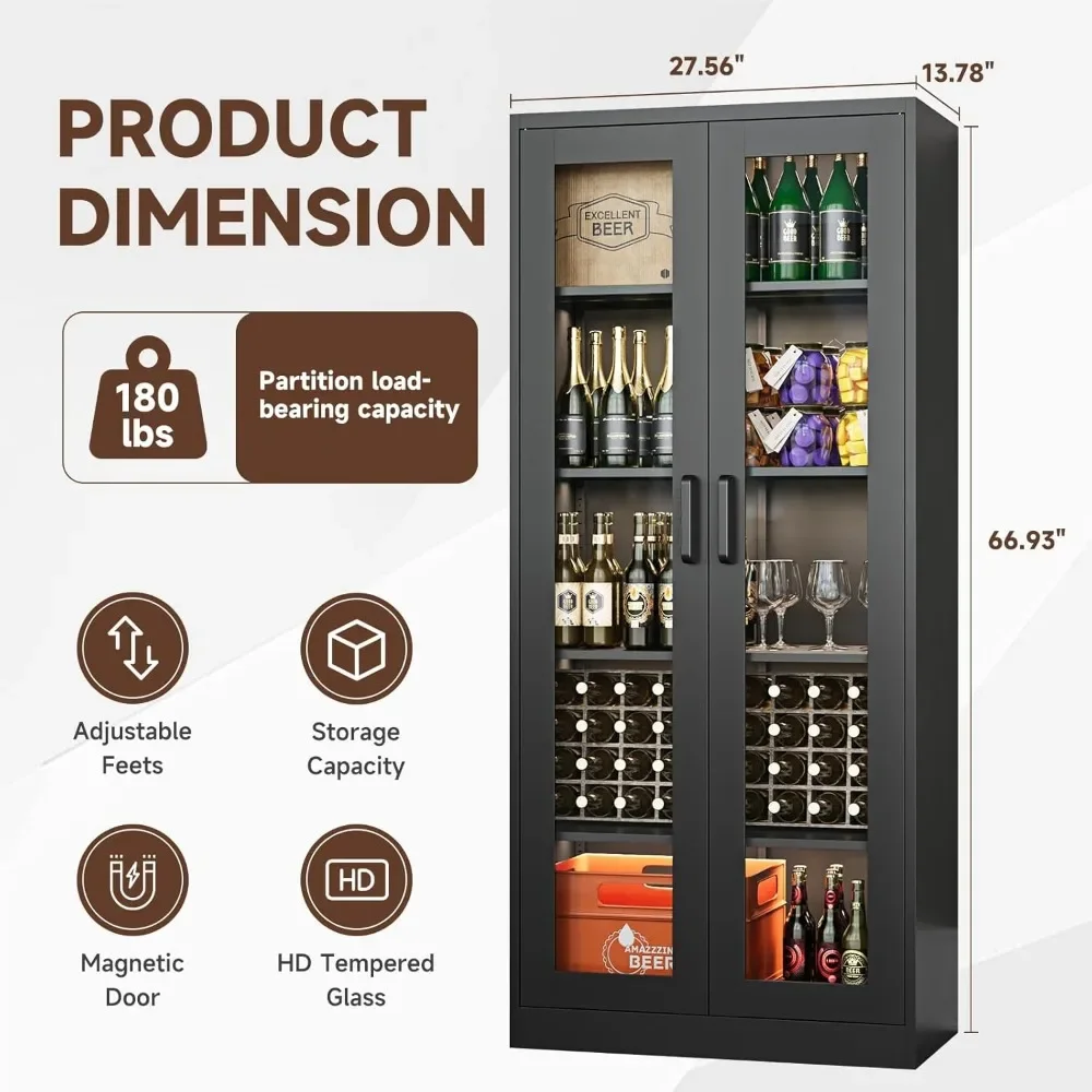Display Cabinet with Glass Doors, 67-inch Curio Cabinets with 4 Adjustable Shelves, HD&Tempered Glass Cabinet Display Case