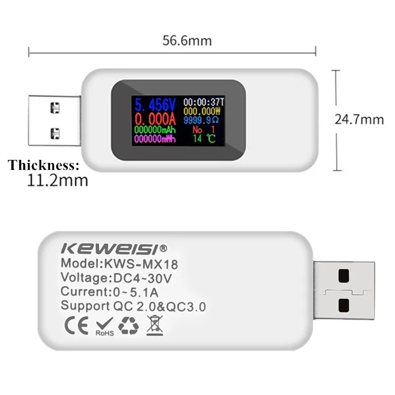 Digital Type-C Voltímetro USB, Temperatura, Corrente, Medidor de Voltagem, Detector de Volts, Amperímetro, Carregador do Banco de Potência, Indicador, 10 em 1