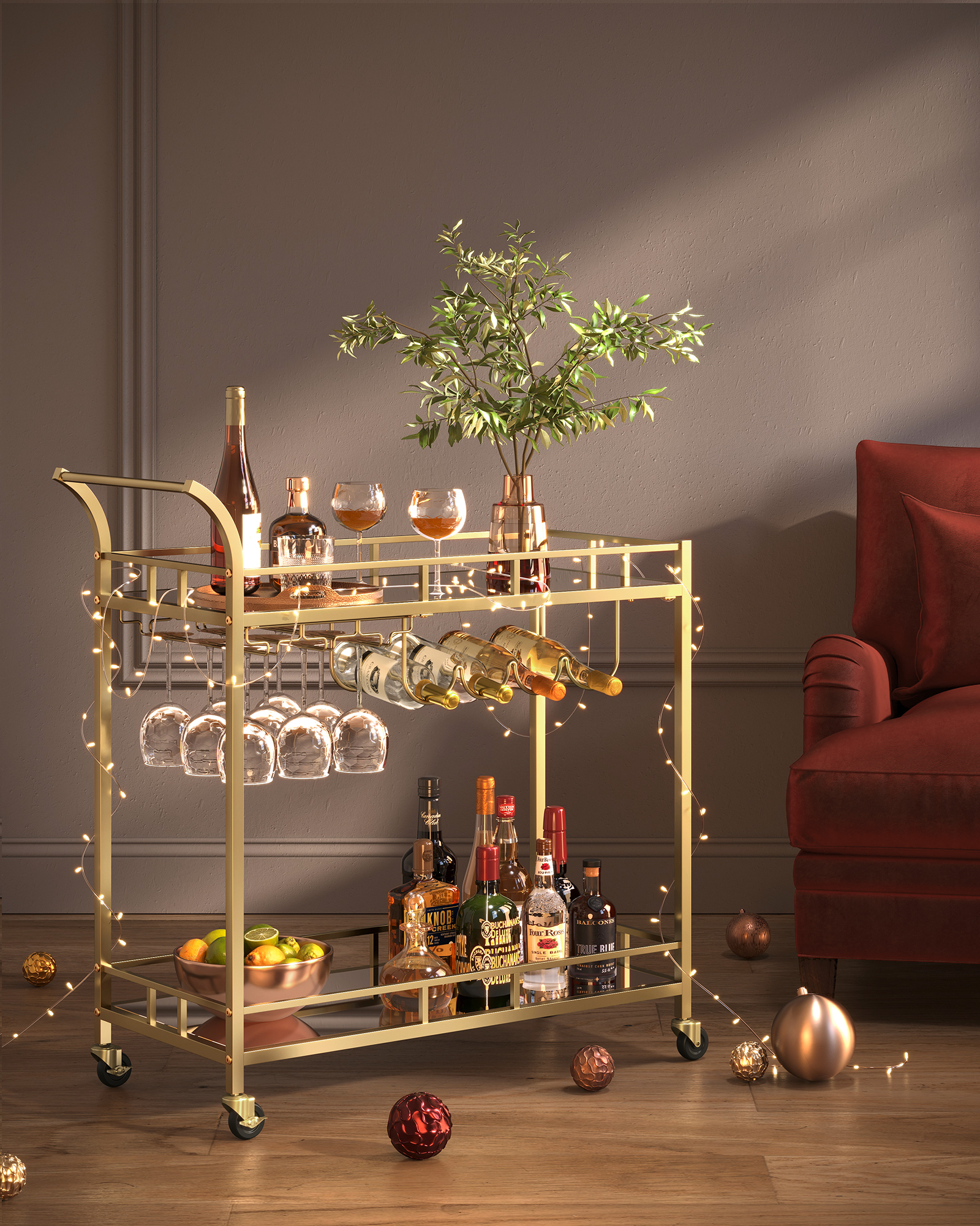VASAGLE Drinks Trolley, Bar Cart, Serving Trolley with 2 Mirrored Shelves, Wine Holders, Glass Holders