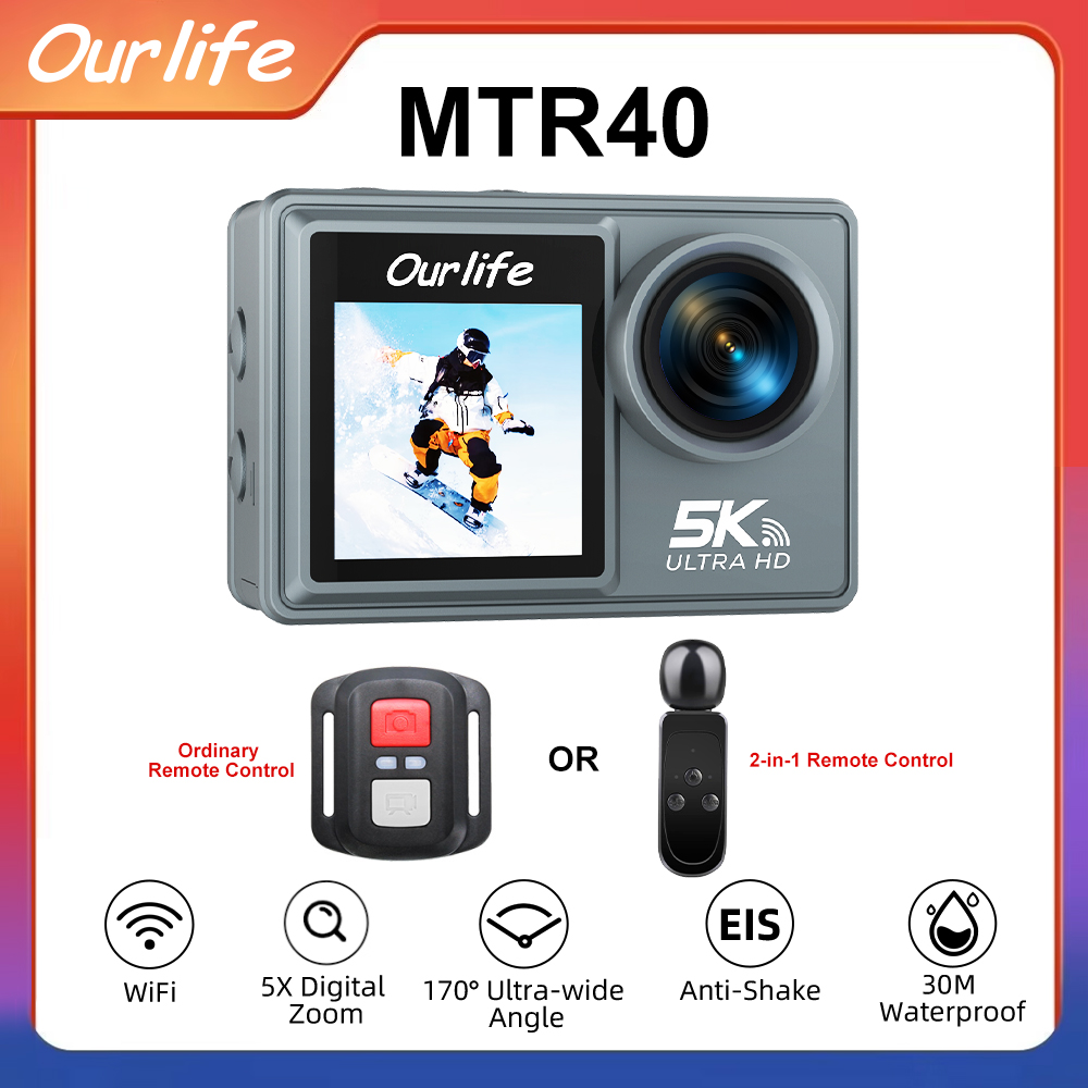 Ourlife MTR40 5K Action Camera 2" IPS Touch Screen 5X Zoom Action Cam 170 °   Telecamera sportiva WiFi impermeabile 30M con telecomando