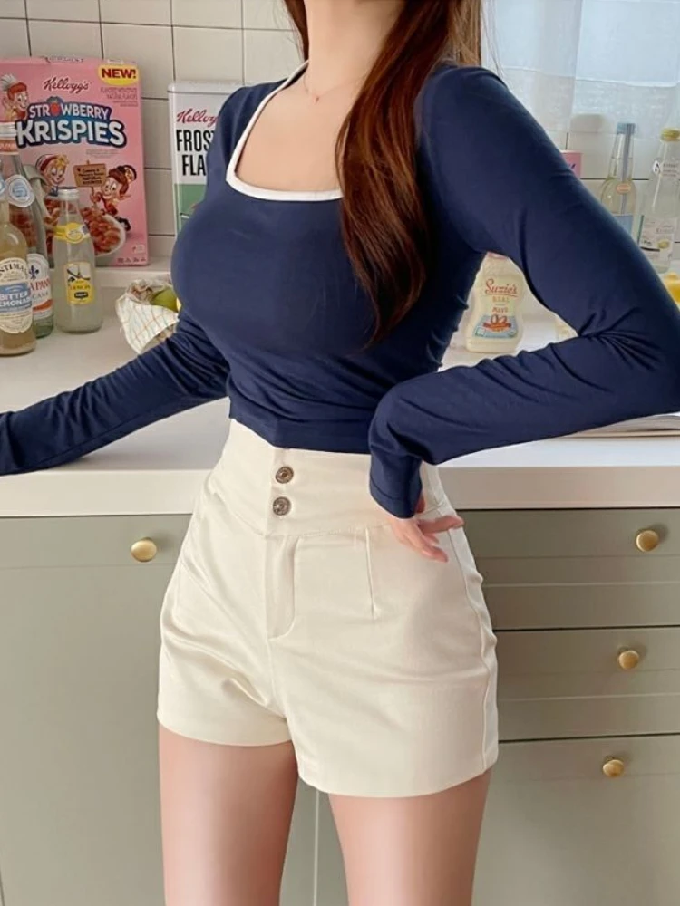 반바지 여성 클래식 스포티 한 올 매치 슬림 레저 단순 휴일 유행 스트리트웨어 디자인 Ulzzang Daily Solid Mature Folds New