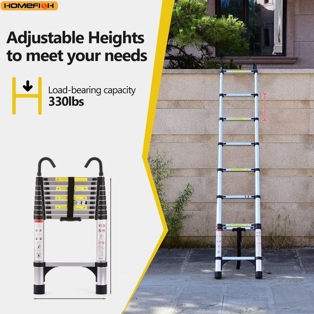 Multi-Size Aluminium Telescopic Ladder with Non-Slip Feet,Adjustable Lightweight Ladder for Home or Caravan, 330lb Load Capacity
