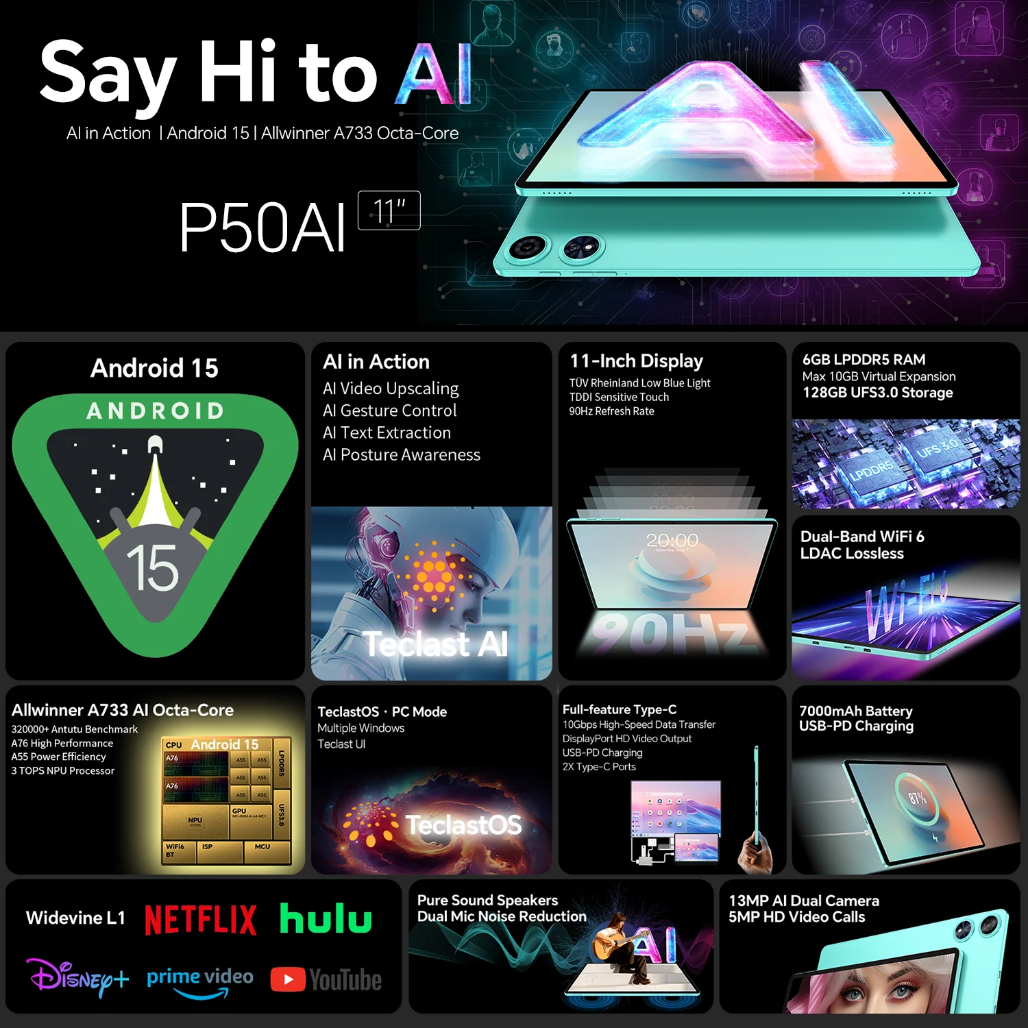 【Nuevo】 Teclast P50AI 11 pulgadas 90Hz  Tableta PC Android 15 AI OS (6GB+10GB Expansión)16GB RAM 128GB LPDDR5 7000mAh AllWinner A733-AI octa-core 1280x800 Wifi-6 BT 5.4