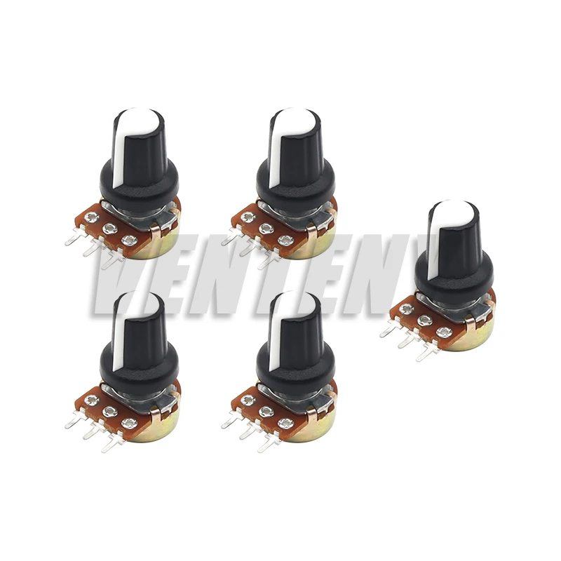 5 juegos WH148 1K 10K 20K 50K 100K 500K Ohm 15mm resistencia de potenciómetro giratorio cónico lineal de 3 pines para Arduino con tapa blanca AG2