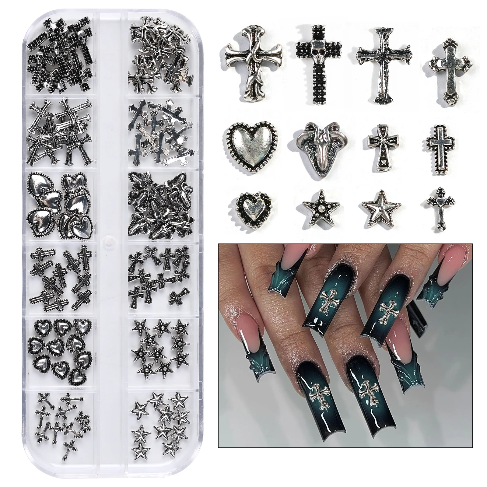 12 gótico punk retro escuro jóias de unhas 3d cruz coração diabo anjo prego strass acessórios diy glamour decoração de unhas