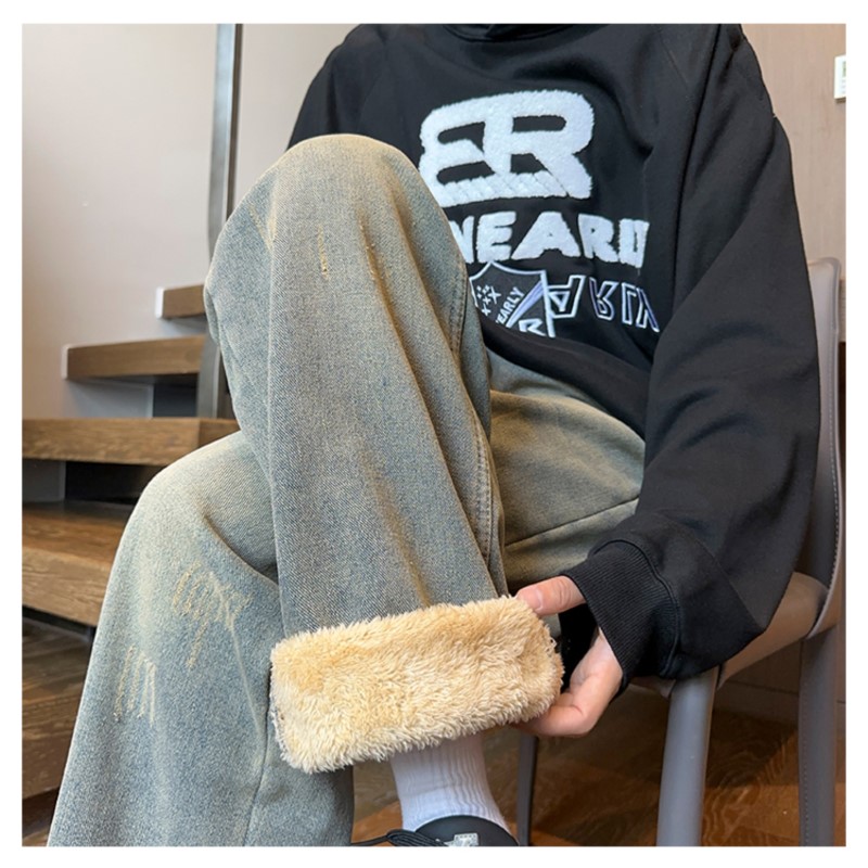 男性と女性のためのワイドレッグジーンズ,デニムパンツ,カジュアル,ヒップホップ,ストリートウェア,厚手,暖かい,3XL,冬