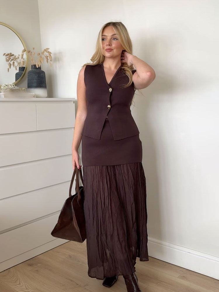 Damski komplet HH, 2-częściowy: dzianinowa kamizelka bez rękawów z dekoltem w serek zapinana na guziki + elegancka spódnica z wysokim stanem, zapinana na zamek, idealna na wakacje.