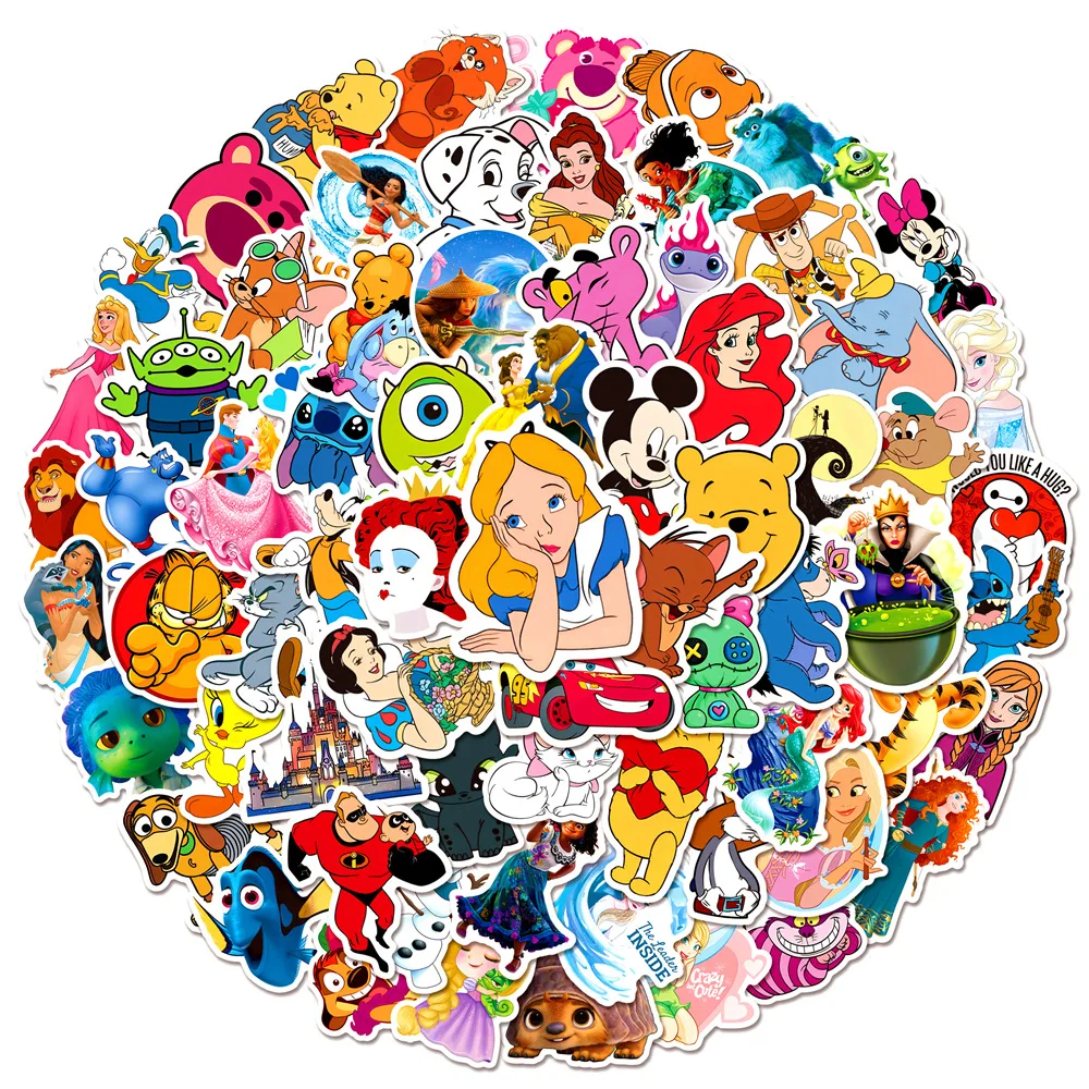 100 Uds. Pegatinas de punto de dibujos animados mixtos de Disney, calcomanías de Mickey DIY para ordenador portátil, equipaje, teléfono, motocicleta, pegatina impermeable, juguete para niños