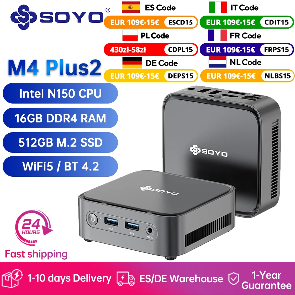 SOYO Mini PC Mini M4 Plus2 Intel 13th N150 CPU con supporto per computer SSD da 16 GB DDR4 512 GB Display 4K HDMI DP WiFi5/BT4.2/USB3.2