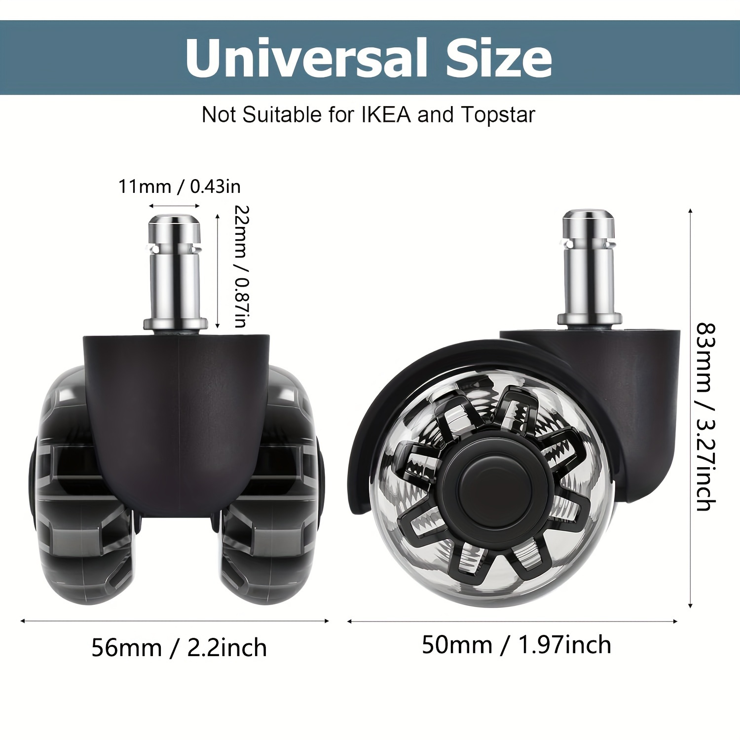 5pcs 2" Heavy Duty Gray PU Silent Swivel Stem Casters, Smooth & Durable Wheels for Office Chairs, Gaming Chairs