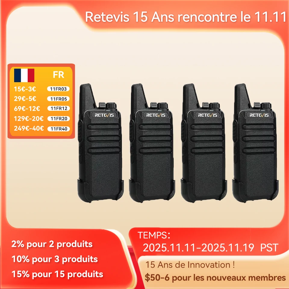Retevis RT622 Mini Talkie-walkie lot de 2 PMR446 Radio portable bidirectionnelle PTT pour la communication dans les restaurants et hôtels