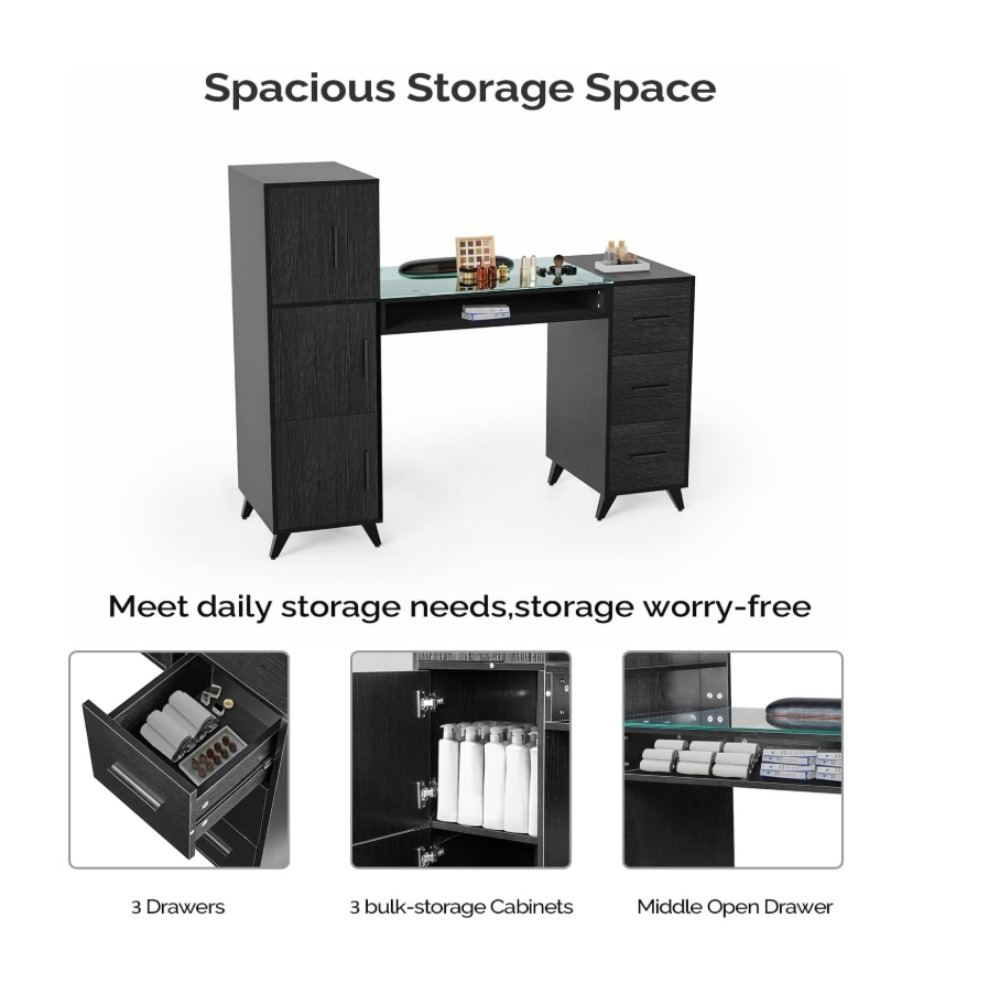 Manicure Table Nail Desk for Nail Tech w/Glass Top & Wrist Rest, Beauty Salon Nail Supplies Decor Workstation Acetone Resistant